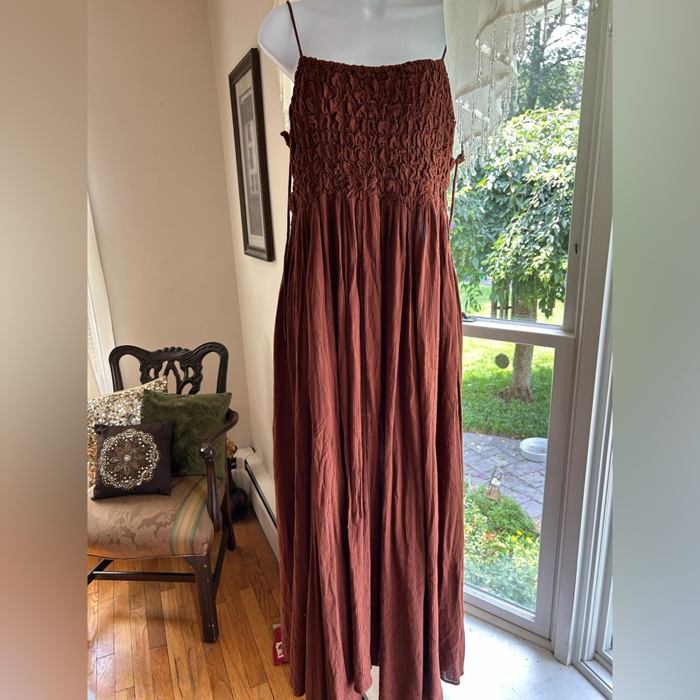 Free People Brown Smocked Pleated Maxi Sundress
